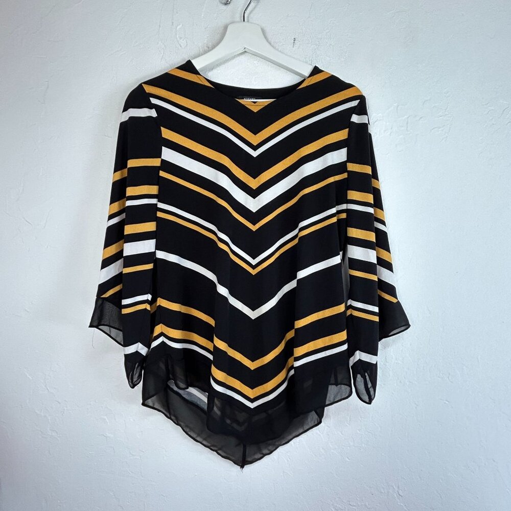 Alfani Petite Womens Point Hem Chevron Stripe Top Blouse Petite Medium PM Black